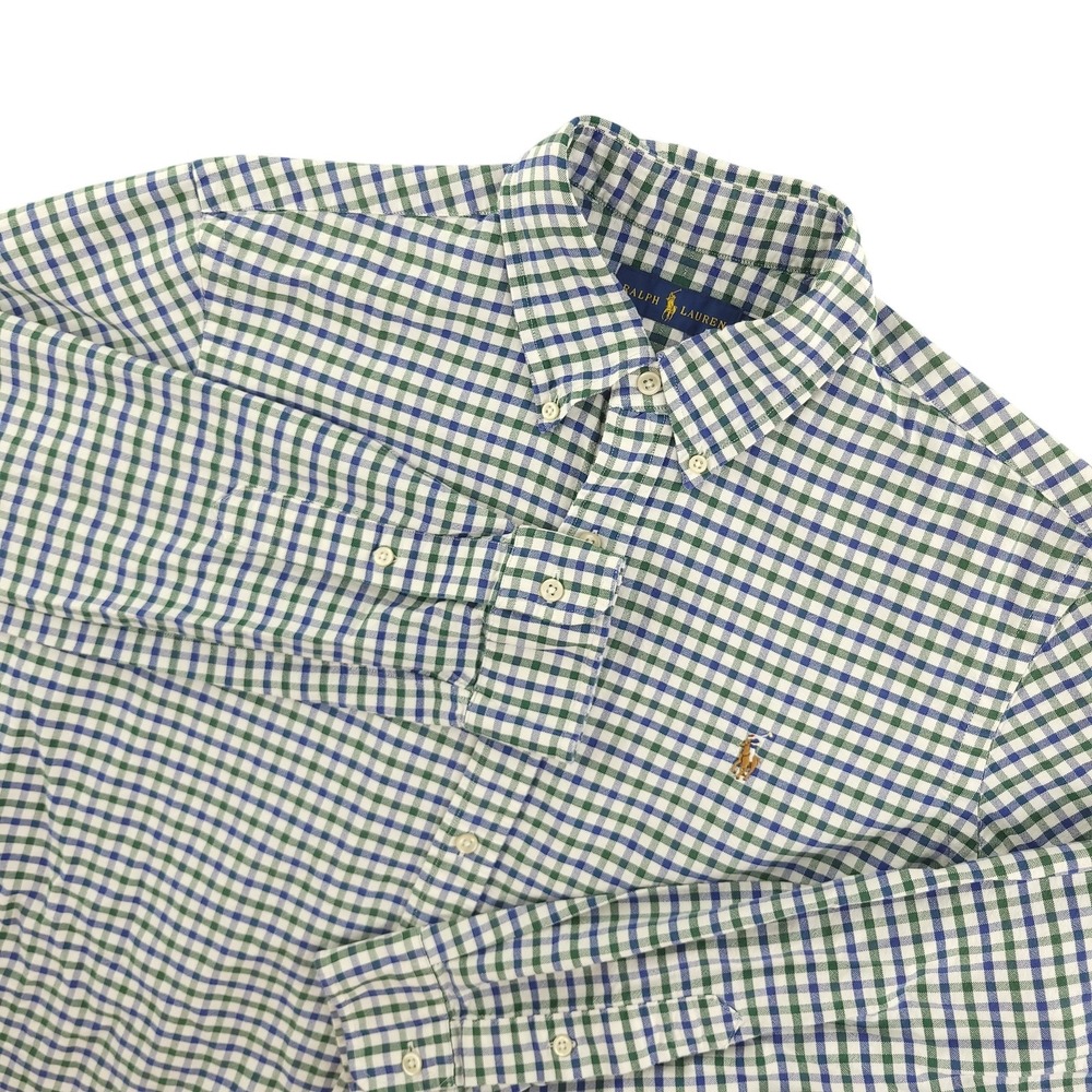 Ralph Lauren Shirt Mens L Blue Green Check Long Sleeve Button Down Cotton Casual